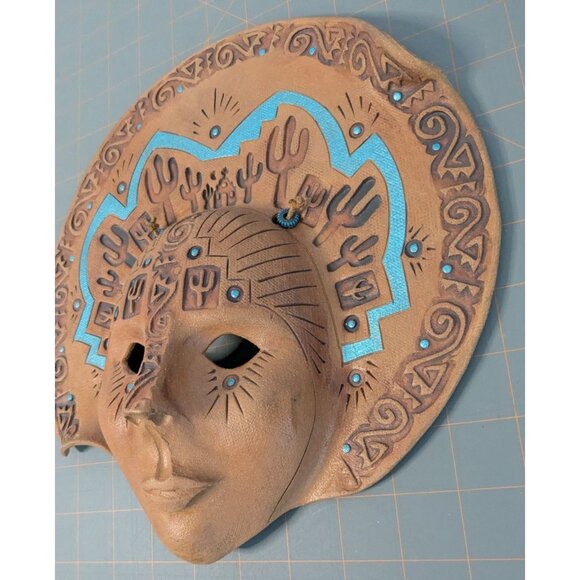 Handcrafted Terracotta Wall Mask Tribal Cactus Design Blue Accents - Picture 8 of 13